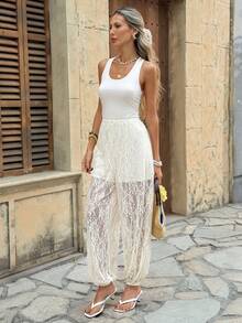 SHEIN LUNE Bộ jumpsuit ren phối màu phong cách thường ngày dành cho nữ, thích hợp cho lễ hội âm nhạc, kỳ nghỉ hè, đi làm và mặc hàng ngày. - Màu be - Xem 3