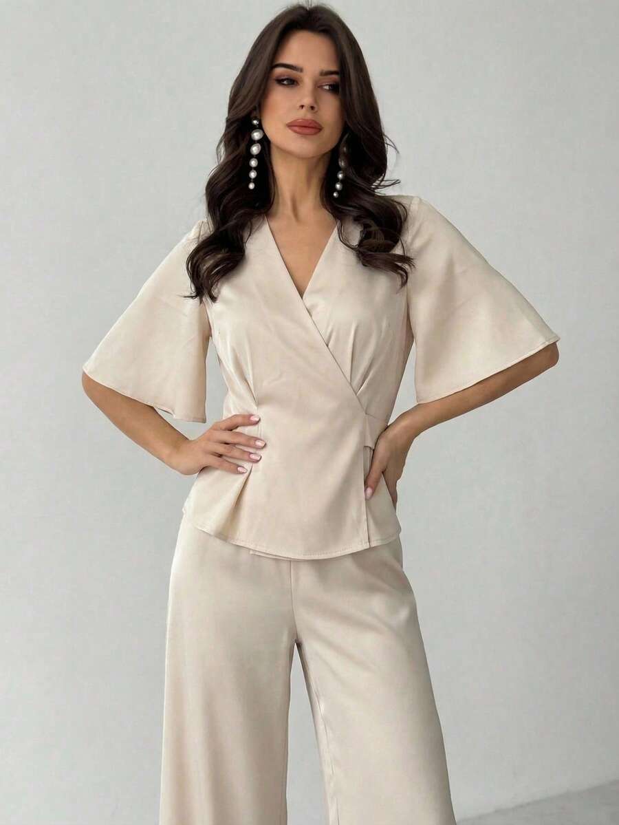 Elegant Women's Apricot V-Neck Blouse And Long Pants Two-Piece Outfit With Half Cloak Sleeves