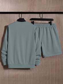 Manfinity Unisex 男士休闲百搭圆领卫衣短裤两件套 - 藍色 - 查看 8