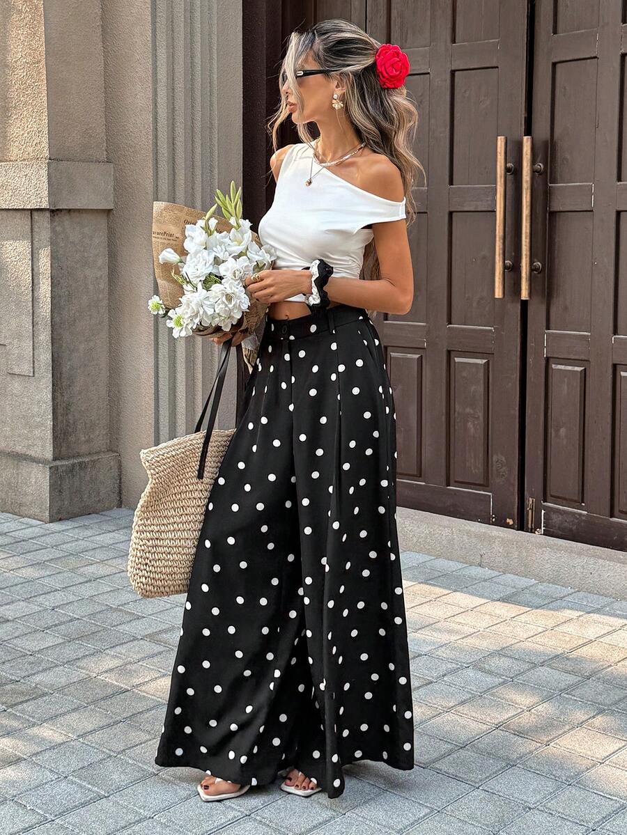Pariaura Women's New Summer Vacation Style Black Polka Dot Wide-Leg Pants - High-Waisted, Flowy, Loose & Slimming Casual Trousers For Vacation & Travel - Black - View 1