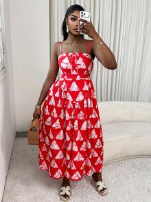Xyvia 女士红白数码几何印花吊带束腰喇叭连衣裙，休闲度假风，活力四射，适合狂欢节、劳动节、复活节、返校派对、海滩度假、旅行、夏季街头风等场合。春夏新款必备时尚小众设计，百搭吊带束腰喇叭连衣裙。 - 紅白色 - 查看 4
