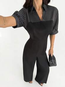 Firerie Bộ jumpsuit nữ thanh lịch, tối giản, phong cách công sở thành thị hiện đại, kẻ sọc, kiểu dáng 2 trong 1, tay ngắn, cạp cao, ống rộng, màu đen, thích hợp cho mùa xuân/hè. - màu đen - Xem 13