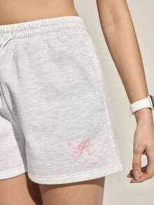 Exploreva Exploreva Damen Shorts mit Buchstaben-Muster, Kordelzug Taille, Outdoor Shorts zum Joggen für Damen, Damen Sweat Shorts - Grau - Übersicht 3