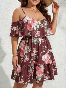 SHEIN VCAY Đầm dự tiệc/hẹn hò thời trang trễ vai xếp nếp in hoa dành cho nữ cỡ lớn - Màu Đỏ Sâu - Xem 5