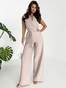 Firerie 女士优雅简约时尚通勤都市休闲日常V领腰带无袖背心和高腰阔腿裤米色卡其色两件套 - 杏色 - 查看 6