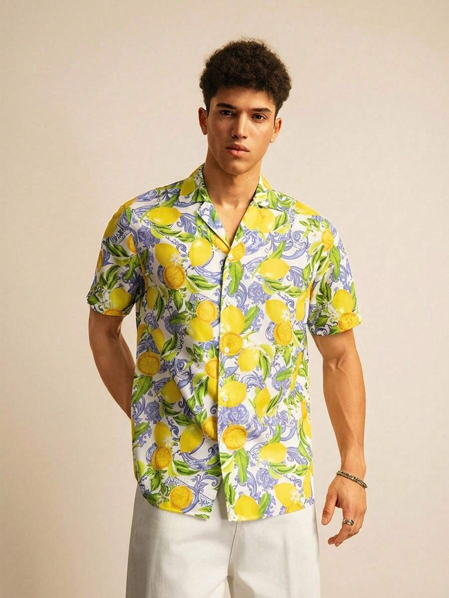 SWAVVY Vacation Style Digital Print Lapel Short Sleeve Button-Up Shirt For Men - Yellow - View 1