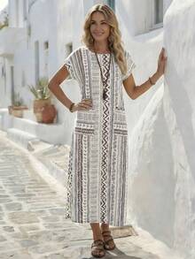 EMERY ROSE Đầm dài dáng rộng phong cách Bohemian mùa hè dành cho nữ, họa tiết hình học, phối nhiều mảnh, có túi. - màu nâu - Xem 3