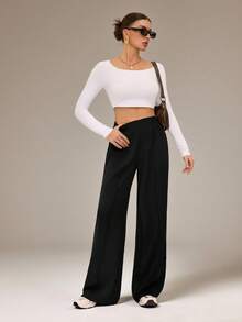 SHEIN Tall Quần ống rộng màu đen trơn kiểu Y2K, quần tây công sở, thích hợp cho mùa thu đông. - màu đen - Xem 6
