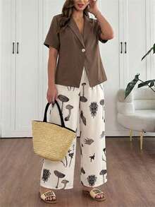 EMERY ROSE Setelan Blazer Lengan Pendek Ukuran Besar & Celana Panjang Longgar, Setelan Pakaian Liburan Wanita Motif Kucing, Setelan Celana Musim Panas Linen, Cokelat Tua, Kasual Elegan - Khaki - View 1