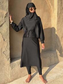 Swim Mulvari Women's Modest Solid Color Burkini Set - Black - View 4