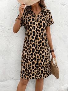 EMERY ROSE Leopard Print Casual Batwing Sleeve Dress, Summer For Women Women Shirt Dress Leopard Dress - Mocha Brown - View 3