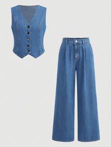 2 Peças Conjunto de Roupas Streetwear Versátil de Design Vintage Y2k Legal e Confortável para Meninas Adolescentes, Jaqueta Denim Curta Solta e Confortável e Calça Denim Plissada Confortável, Roupas Diárias e Roupas de Primavera a Verão para Meninas Adolescentes e Crianças, Roupas de Streetwear para Festivais e Raves - Azul - Visão 6