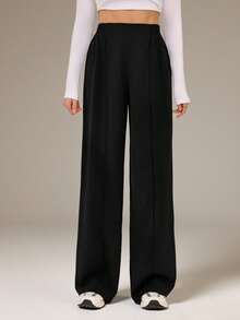 SHEIN Tall Quần ống rộng màu đen trơn kiểu Y2K, quần tây công sở, thích hợp cho mùa thu đông. - màu đen - Xem 1