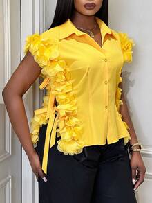 Xyvia Camisa elegante y casual de mujer con ribete floral, cintura anudada, romántica para salidas de verano, citas, Año Nuevo, San Valentín, Pascua, Día de la Madre, festivales de música, bodas de Oriente Medio, ir al trabajo, vacaciones, sexy, amarillo jengibre - amarillo ganso - Ver 5