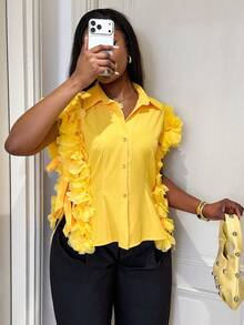 Xyvia Camisa elegante y casual de mujer con ribete floral, cintura anudada, romántica para salidas de verano, citas, Año Nuevo, San Valentín, Pascua, Día de la Madre, festivales de música, bodas de Oriente Medio, ir al trabajo, vacaciones, sexy, amarillo jengibre - amarillo ganso - Ver 6
