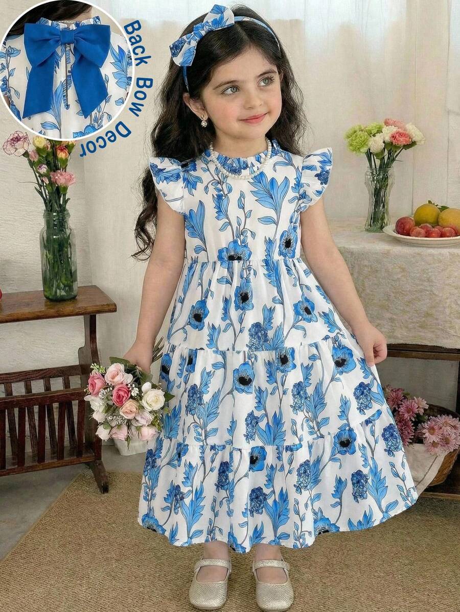 SHEIN LMoss Kids 女童雪纺碎花蝴蝶结圆领荷叶边下摆休闲连衣裙 - 彩色 - 查看 1