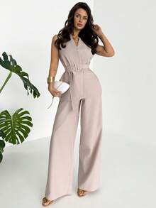 Firerie 女士优雅简约时尚通勤都市休闲日常V领腰带无袖背心和高腰阔腿裤米色卡其色两件套 - 杏色 - 查看 7