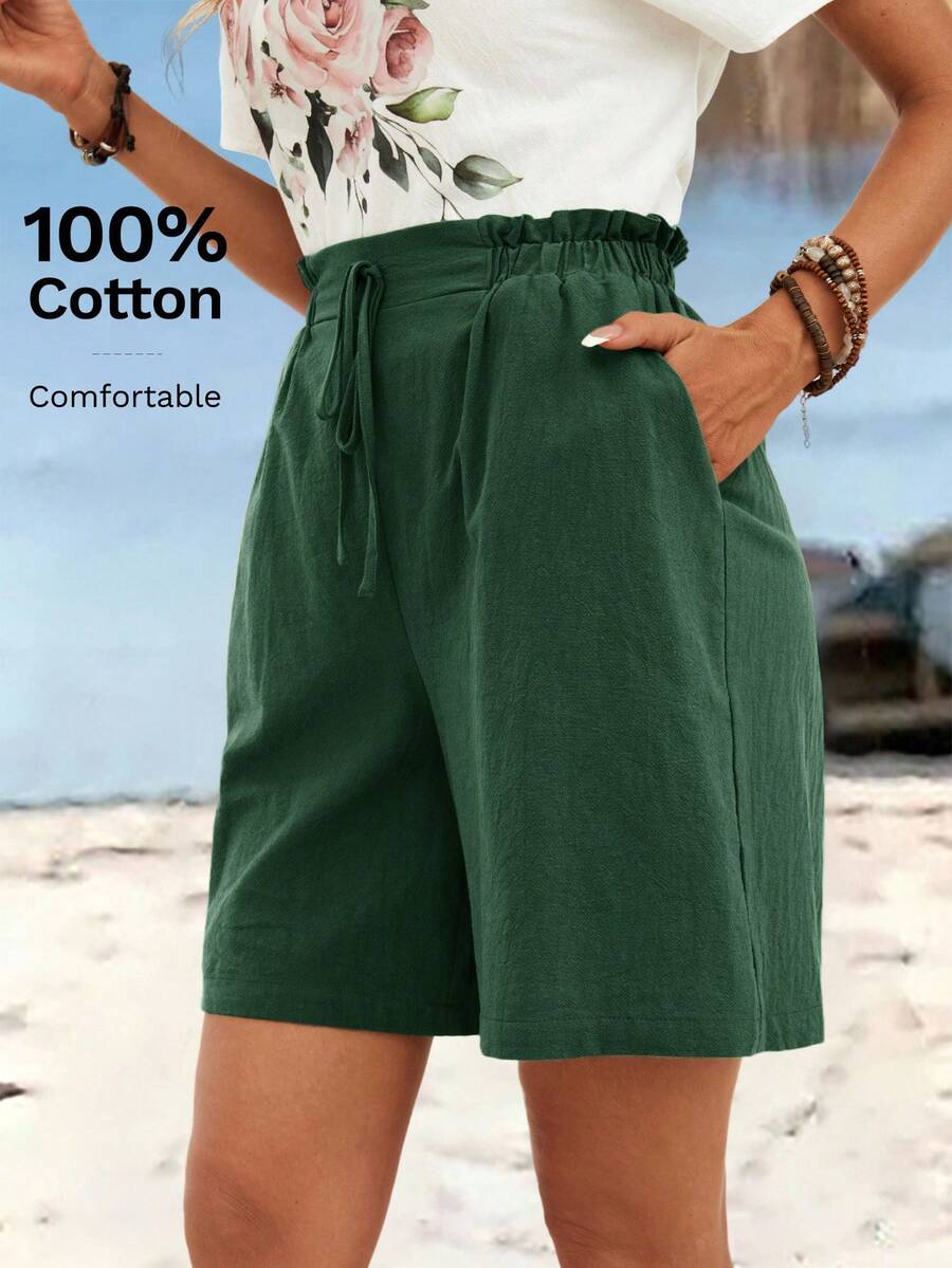 Sylviya 休闲纯色棉麻短裤 - 墨綠色 - 查看 1