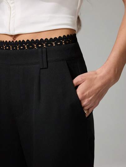 SHEIN Tall Elegant Commuter Solid Color Lace Trim Long Pants, Spring/Summer
