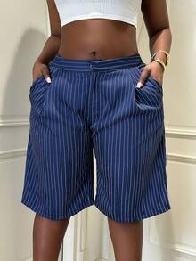 Xyvia 女士春夏新款休闲通勤裤，复古街头风，百搭百搭高品质条纹面料设计，藏蓝色阔腿中长裤 - 藏蓝色 - 查看 4