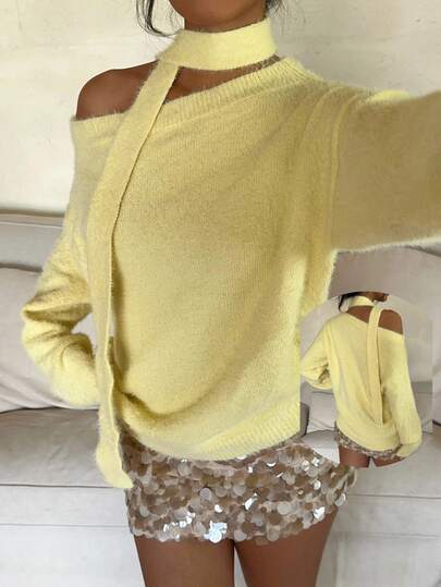 Aloruh Suéter casual de manga larga con hombros caídos y unicolor para mujeres, otoño/invierno. Suéter sexy de un hombro con cintas, elegante y romántico para una cita. Combina con todo en otoño, acogedor en otoño e invierno para mujeres.