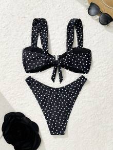 Swim Mod 波点设计时尚沙滩比基尼套装，女童款，夏季热销单品 - 黑色 - 查看 6