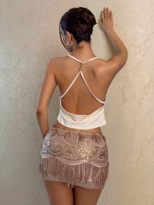 SHEIN Women's Sequin Tassel Design Fashionable Versatile Date Night/Outing Mini Skirt - Champagne - View 2