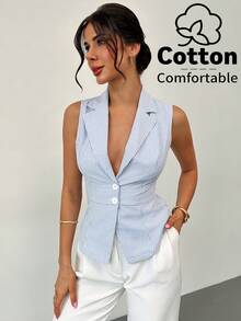 Firerie 女士优雅简约时尚通勤都市现代休闲蓝白条纹缺角领收腰纽扣背心 - 藍白色 - 查看 10