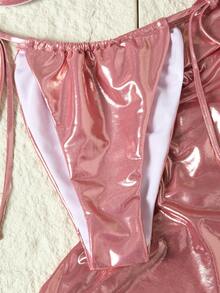 Bonvoyette New Women's Shell Ruched Shiny Tankini Bikini Set Set With Long Skirt - Pink - View 5