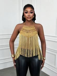 Xyvia 女士夏季外出、约会、新年、情人节、复活节、母亲节、音乐节、中东风情、婚礼、时尚、休闲、简约、度假、性感亮片针织露背系带流苏常规吊带背心，金色 - 金色 - 查看 3