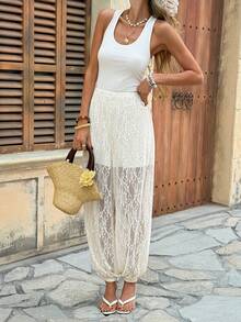 SHEIN LUNE Bộ jumpsuit ren phối màu phong cách thường ngày dành cho nữ, thích hợp cho lễ hội âm nhạc, kỳ nghỉ hè, đi làm và mặc hàng ngày. - Màu be - Xem 4