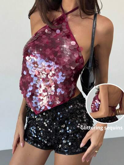 Aloruh Top halter asimétrico con lentejuelas de unicolor para mujer, de vuelta al colegio