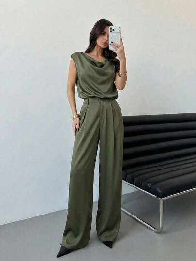 Firerie 女士优雅垂褶领口短袖缎面衬衫裤套装，绿色，春夏款，适合约会、婚礼、通勤、毕业典礼、教师装、返校季等场合，优雅舒适，适合通勤、约会、婚礼季、毕业典礼、舞会、演出、音乐会、工作场合等，舒适又时尚，女士两件套