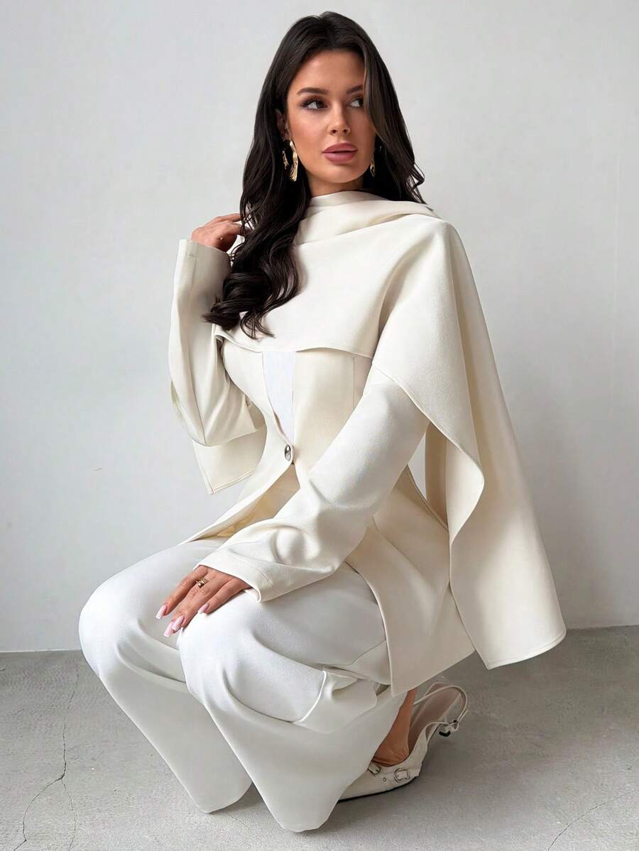 Firerie 女士优雅简约时尚通勤都市风新街头风日常百搭V领围巾金属扣长袖束腰白色西装外套 - 白色 - 查看 1