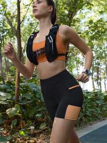 SHEIN In My Nature 女士撞色拼接高腰无缝户外短裤 - 黑色 - 查看 2