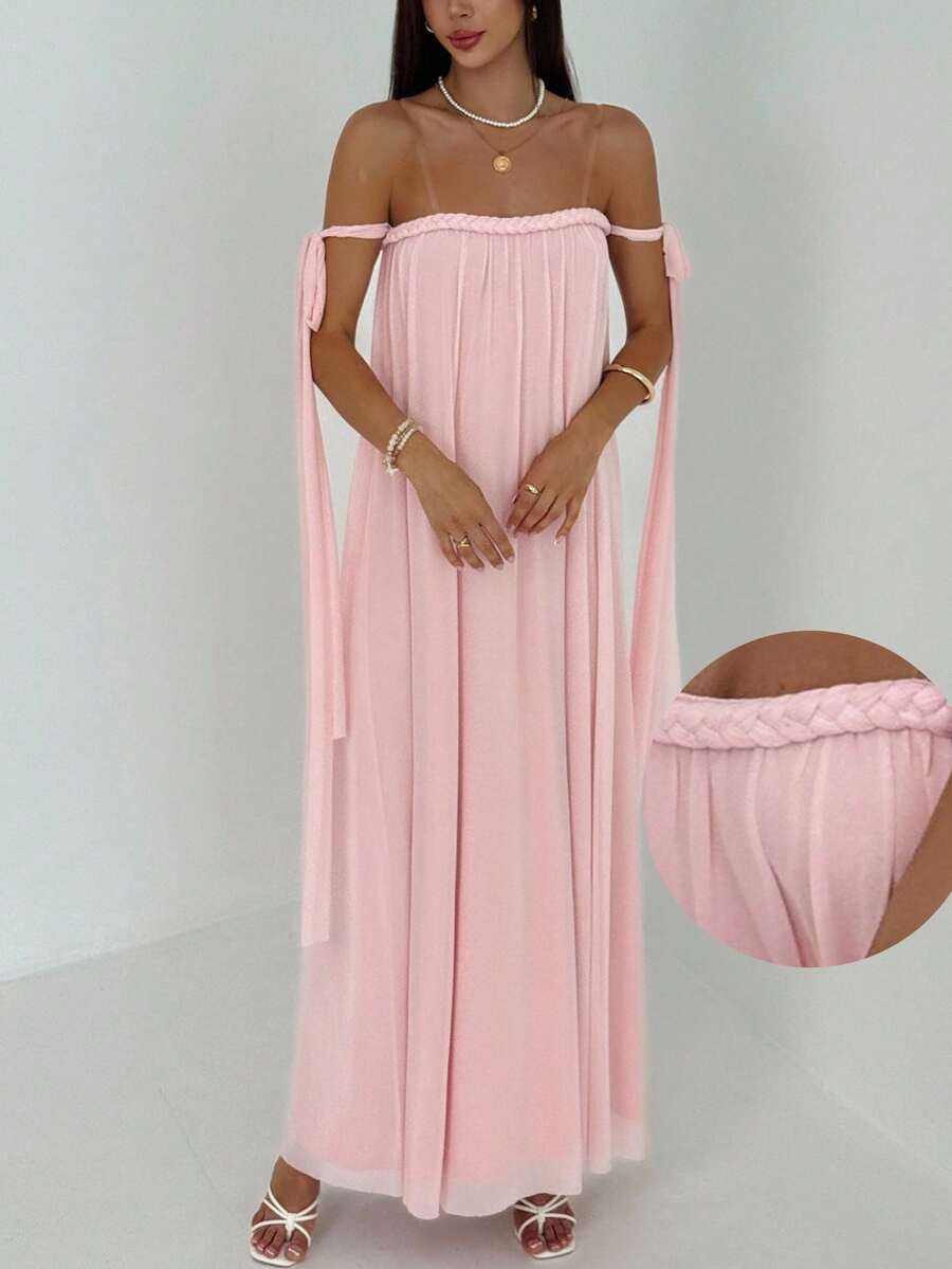 Aloruh 女士优雅浪漫纯色系带露肩宽松长款夏季连衣裙