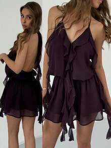 Aloruh Women's Dark Purple Ruffle Trim Halter Mini Dress, 70s Style Summer Party Club Outfits,Solid Color Backless Vacation Holiday Beach Outfits - Purple - View 2