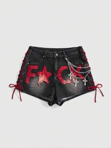 ROMWE J-Fashion Quần short denim nữ cỡ lớn mùa hè kiểu dáng thường ngày, thêu chữ, trang trí dây xích, buộc chéo. - Xám - Xem 1