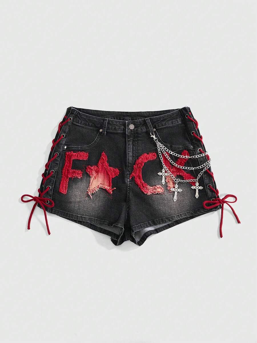 ROMWE J-Fashion Quần short denim nữ cỡ lớn mùa hè kiểu dáng thường ngày, thêu chữ, trang trí dây xích, buộc chéo. - Xám - Xem 1