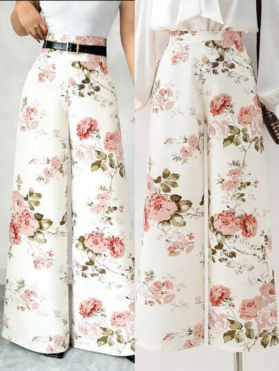 SHEIN Elenzya Women's Elegant Commuter Floral Print Wide Leg Pants