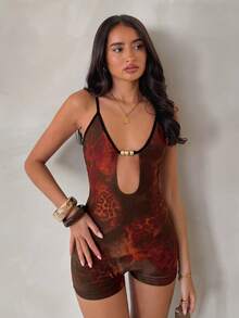 Glamine European And American Style Printed Hollow Out Camisole Jumpsuit, New Sexy Bodycon Romper For Women - Multicolor - View 5