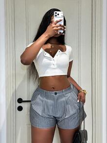 Xyvia Women's Spring/Summer New Casual Commuter Outfit, Street Retro All-Match Versatile High-Quality Light Gray Striped Fabric Design Short Pants - Light Grey - View 1