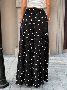 Pariaura Women's New Summer Vacation Style Black Polka Dot Wide-Leg Pants - High-Waisted, Flowy, Loose & Slimming Casual Trousers For Vacation & Travel - Black - View 2