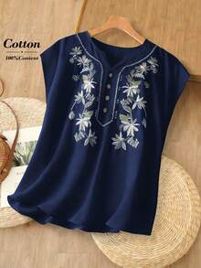 Rusticease 女士夏季度假休闲刺绣衬衫 - 藏蓝色 - 查看 7