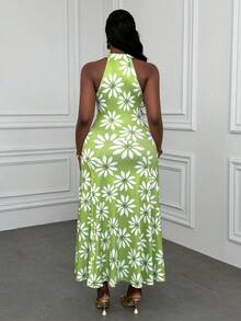 Xyvia 女士绿色印花无袖高领收腰修身A字连衣裙，优雅设计，适合情人节、复活节、劳动节、生日、约会、派对、正式场合、教师装、旅行、春夏穿着。 - 綠色 - 查看 2