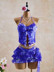 Bellisia 女士扎染拼接荷叶边吊带背心式泳衣套装，时尚海滩度假之选 - 紫色 - 查看 1