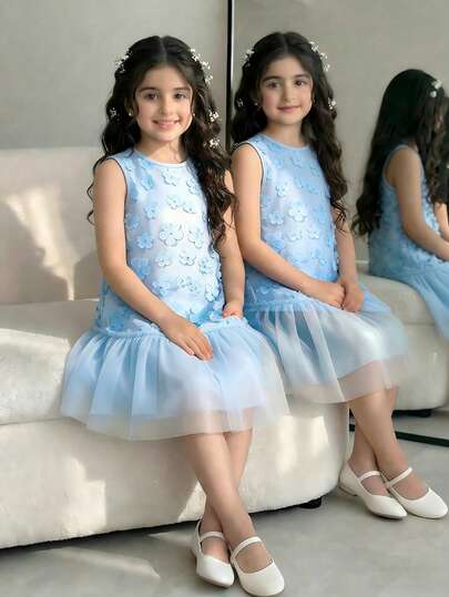 Young Girls Blue Floral Mesh Sleeveless Patchwork Dress, Summer Children Lovely Mini Dress