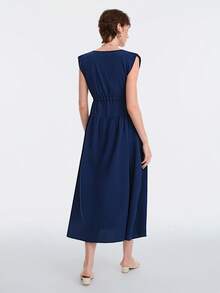 Aalyst 都市时尚简约休闲度假新款女士深蓝色V领无袖荷叶边抽绳及踝连衣裙，适合日常穿着、婚礼、正式场合、通勤、毕业派对、假日、约会、聚会、万圣节、圣诞节、新年、感恩节等各种场合。 - 藏蓝色 - 查看 2