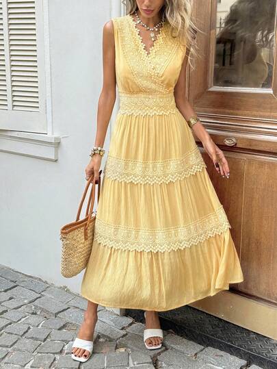 SHEIN LUNE Women's Casual Lace Patchwork Summer Vacation Commute Daily Basic Fashion Sleeveless Mid-Length Dress