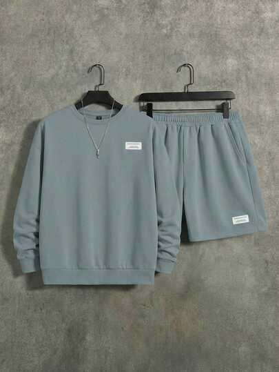 Manfinity Unisex Conjunto de 2 piezas de sudadera de cuello redondo casual y pantalones cortos para hombre